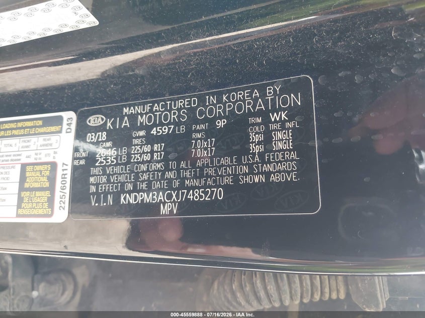 2018 Kia Sportage VIN KNDPM3ACXJ7485270 IAAI salvage auction — NORMAL WEAR, Original (Texas), sold $2,700 on 2026-07-30 (photo 9)