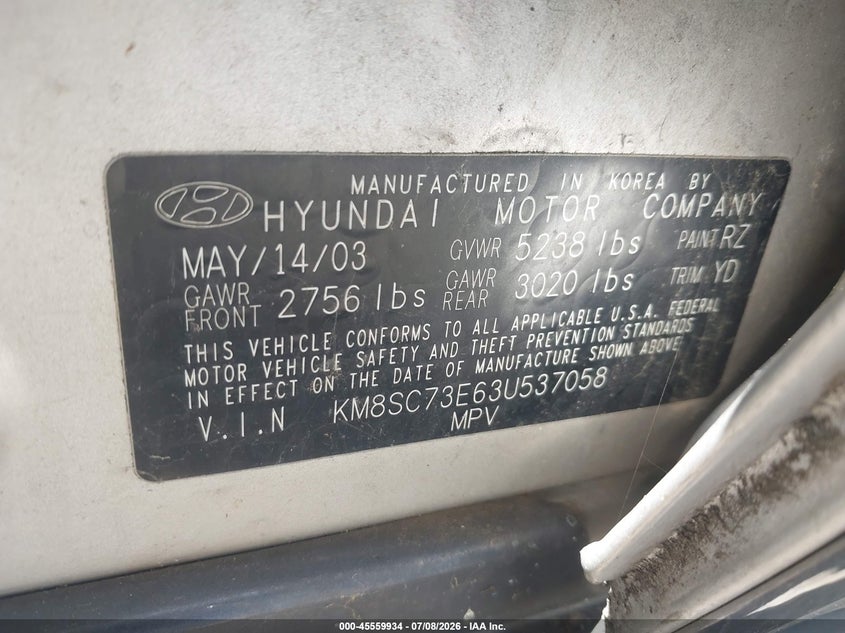 2003 Hyundai Santa fe VIN KM8SC73E63U537058 IAAI salvage auction — NORMAL WEAR, Clear - Dealer Only (California), sold $100 on 2026-07-21 (photo 9)