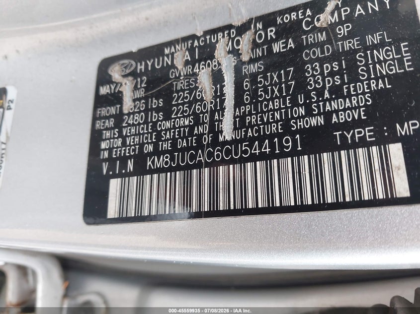 2012 Hyundai Tucson VIN KM8JUCAC6CU544191 IAAI salvage auction — NORMAL WEAR, Clear (Montana), sold $25 on 2026-07-28 (photo 9)