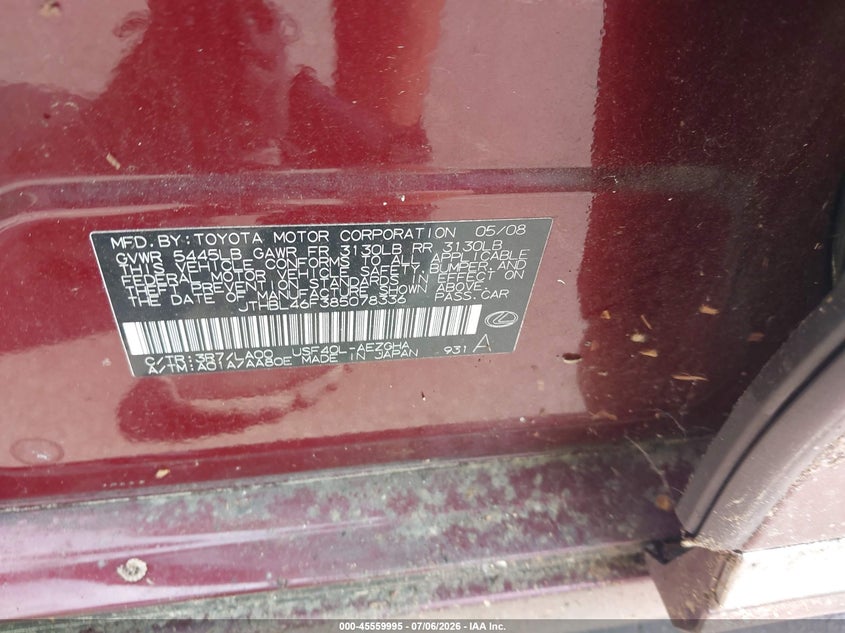 2008 Lexus Ls 460 VIN JTHBL46F385078336 IAAI salvage auction — NORMAL WEAR, Clear (North Carolina), sold $850 on 2026-07-22 (photo 9)