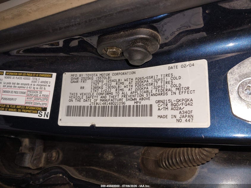2004 Toyota 4runner VIN JTEBU14R148021096 IAAI salvage auction — LEFT FRONT, Mv-907A (New York), sold $1,800 on 2026-07-23 (photo 9)