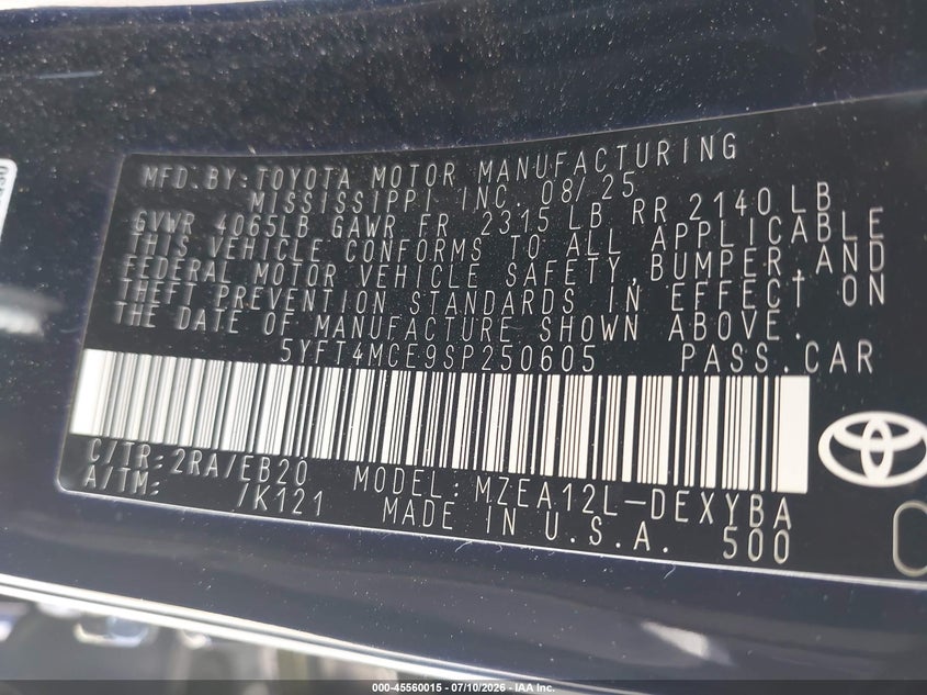 2025 Toyota Corolla VIN 5YFT4MCE9SP250605 IAAI salvage auction — REAR END, Salvage Title, sold $9,600 on 2026-07-22 (photo 9)