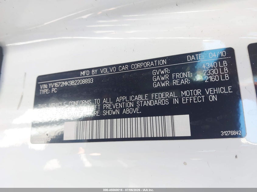 2011 Volvo C30 VIN YV1672MK9B2208893 IAAI salvage auction — LEFT SIDE, Salvage (California), sold $125 on 2026-07-30 (photo 9)