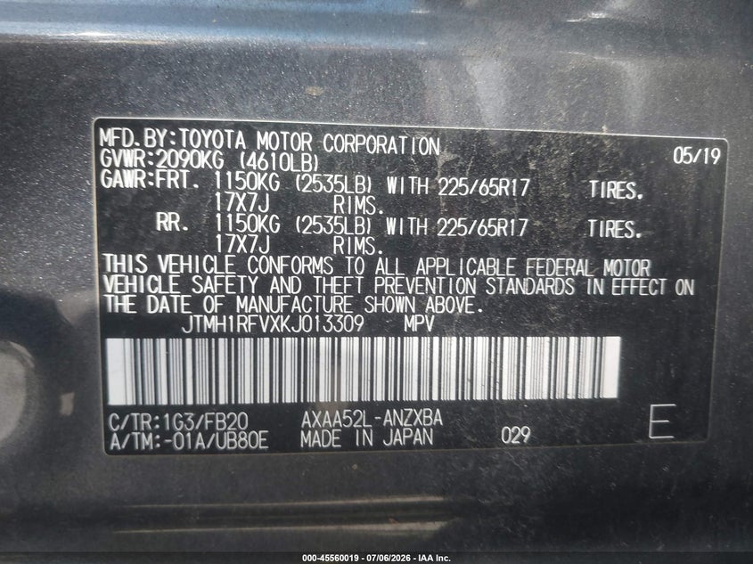 2019 Toyota Rav 4 VIN JTMH1RFVXKJ013309 IAAI salvage auction — RIGHT FRONT, Salvage (California), sold $5,725 on 2026-07-27 (photo 9)