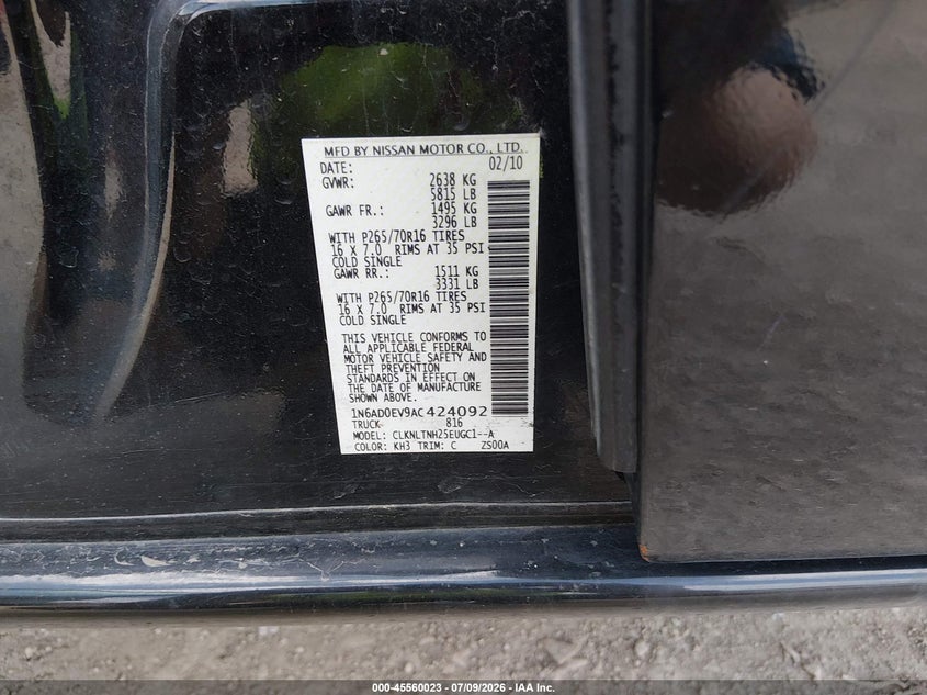 2010 Nissan Frontier VIN 1N6AD0EV9AC424092 IAAI salvage auction — LEFT REAR, Salvage (Kansas), sold $2,450 on 2026-07-30 (photo 9)