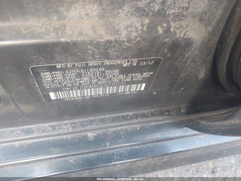 2012 Subaru Impreza VIN JF1GPAU60CH230230 IAAI salvage auction — NORMAL WEAR, Clear (Texas), sold $575 on 2026-07-28 (photo 9)