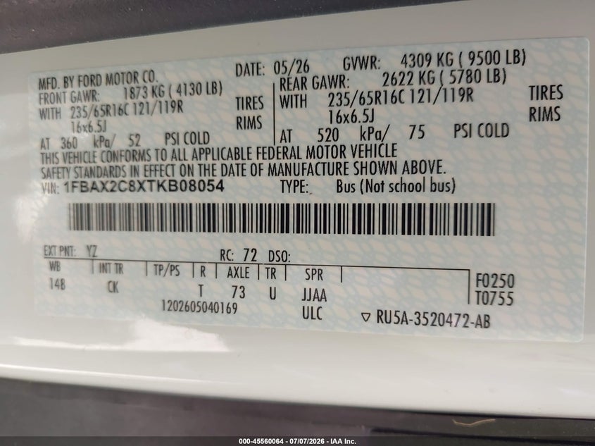 2026 Ford Transit VIN 1FBAX2C8XTKB08054 IAAI salvage auction — ROOF, Enterprise Vehicles Clear Only (Texas), sold $37,250 on 2026-07-21 (photo 9)