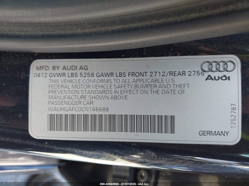2012 Audi A6 VIN WAUHGAFC0CN166688 IAAI salvage auction — NORMAL WEAR, Clear - Dealer Only (California), sold $1,800 on 2026-07-29 (photo 9)