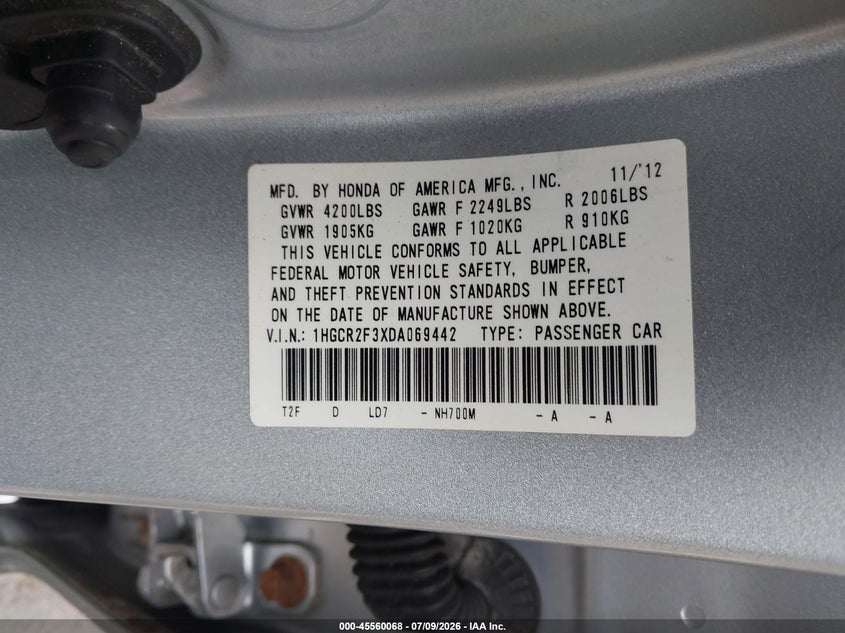 2013 Honda Accord VIN 1HGCR2F3XDA069442 IAAI salvage auction — RIGHT SIDE, Clear (Virginia), sold $2,700 on 2026-07-24 (photo 9)