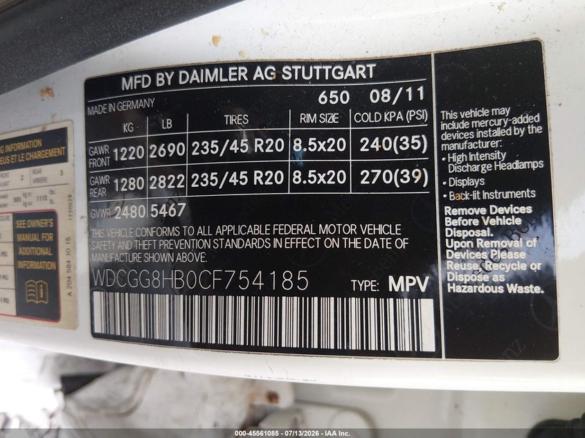 2012 Mercedes-benz Glk-klasse VIN WDCGG8HB0CF754185 IAAI salvage auction — RIGHT FRONT, Nrc Lienholder Repossession Paperwork (South Carolina), sold $1,750 on 2026-07-28 (photo 9)