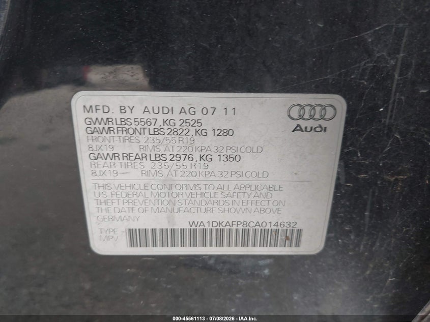2012 Audi Q5 VIN WA1DKAFP8CA014632 IAAI salvage auction — FRONT & REAR, Salvage Title, sold $25 on 2026-07-29 (photo 9)