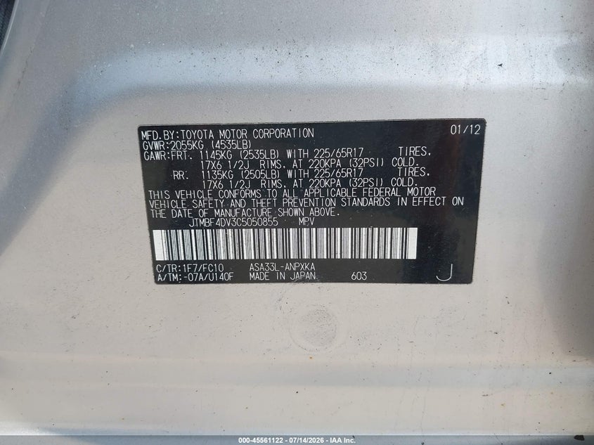 2012 Toyota Rav 4 VIN JTMBF4DV3C5050855 IAAI salvage auction — ROLLOVER, Salvage (Ohio), sold $800 on 2026-07-31 (photo 9)