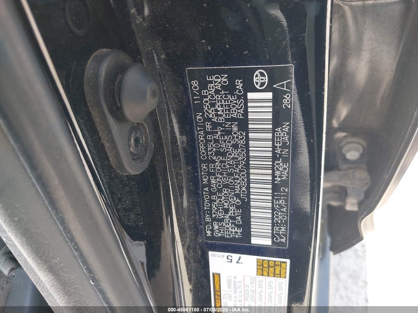 2009 Toyota Prius VIN JTDKB20U793507832 IAAI salvage auction — NORMAL WEAR, Original (Texas), sold $475 on 2026-07-29 (photo 9)