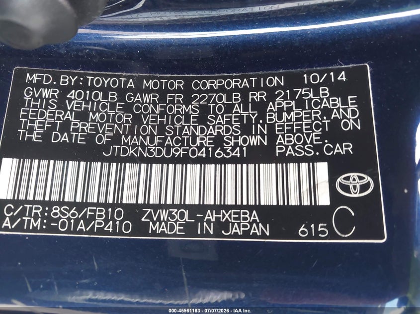 2015 Toyota Prius VIN JTDKN3DU9F0416341 IAAI salvage auction — FRONT END, Rebuildable (Florida), sold $475 on 2026-07-29 (photo 9)