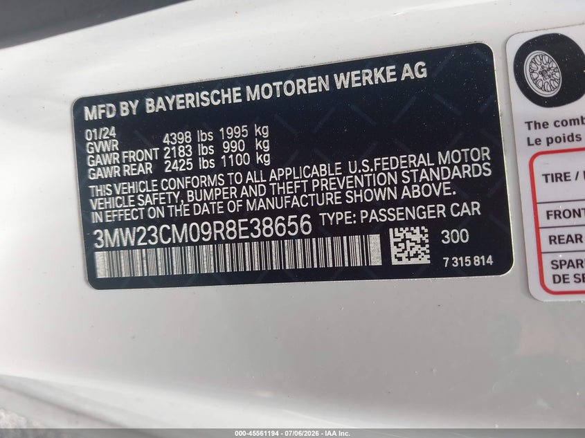 2024 BMW 2er VIN 3MW23CM09R8E38656 IAAI salvage auction — LEFT REAR, Wait Title, sold $16,800 on 2026-09-11 (photo 9)
