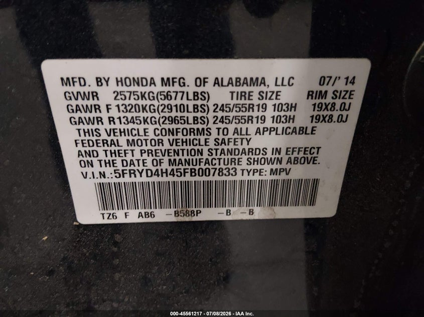 2015 Acura Mdx VIN 5FRYD4H45FB007833 IAAI salvage auction — FRONT END, Salvage (Minnesota), sold $3,800 on 2026-08-31 (photo 9)