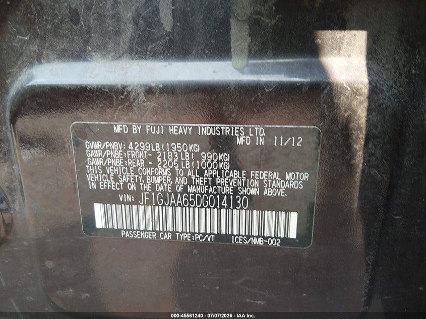 2013 Subaru Impreza VIN JF1GJAA65DG014130 IAAI salvage auction — FRONT & REAR, Salvage (Colorado), sold $375 on 2026-08-02 (photo 9)
