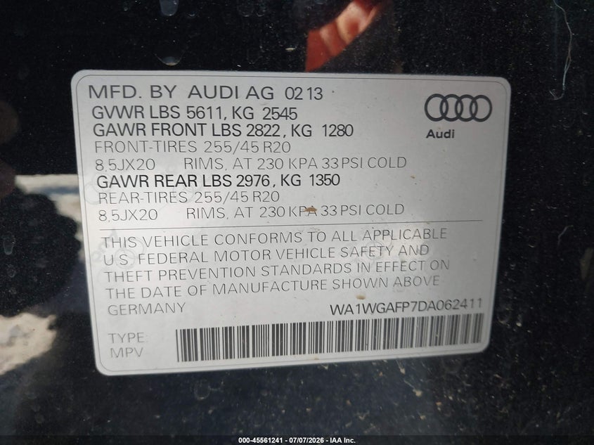 2013 Audi Q5 VIN WA1WGAFP7DA062411 IAAI salvage auction — FRONT & REAR, Bill Of Sale (Washington), sold $1,450 on 2026-07-24 (photo 9)