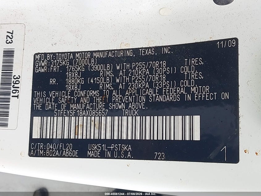 2010 Toyota Tundra VIN 5TFEY5F18AX085657 IAAI salvage auction — FRONT & REAR, Rebuildable (Florida), sold $3,100 on 2026-07-27 (photo 9)