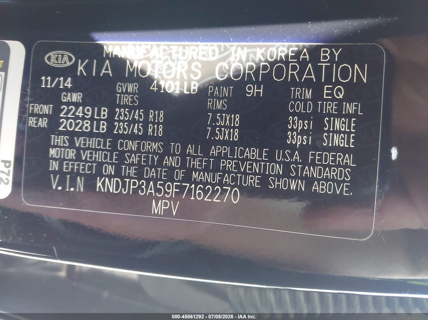 2015 Kia Soul VIN KNDJP3A59F7162270 IAAI salvage auction — REAR END, Salvage (North Carolina), sold $1,250 on 2026-07-22 (photo 9)