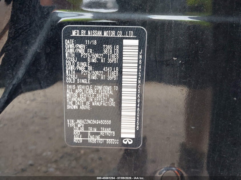 2019 Infiniti Qx80 VIN JN8AZ2NC5K9460556 IAAI salvage auction — FRONT END, Clear (Wisconsin), sold $7,150 on 2026-07-30 (photo 9)