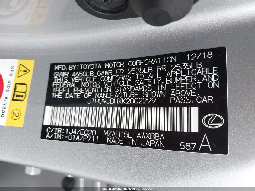 2019 Lexus Ux VIN JTHU9JBHXK2002229 IAAI salvage auction — FRONT END, Rebuildable (Florida), sold $5,200 on 2026-07-30 (photo 9)