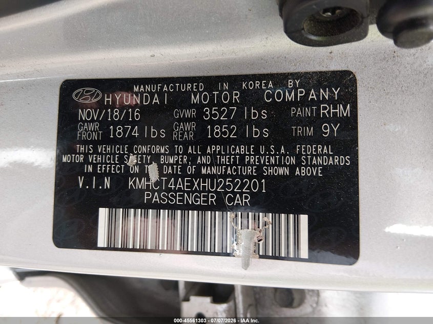 2017 Hyundai Accent VIN KMHCT4AEXHU252201 IAAI salvage auction — FRONT END, Salvage Title, sold $25 on 2026-07-23 (photo 9)