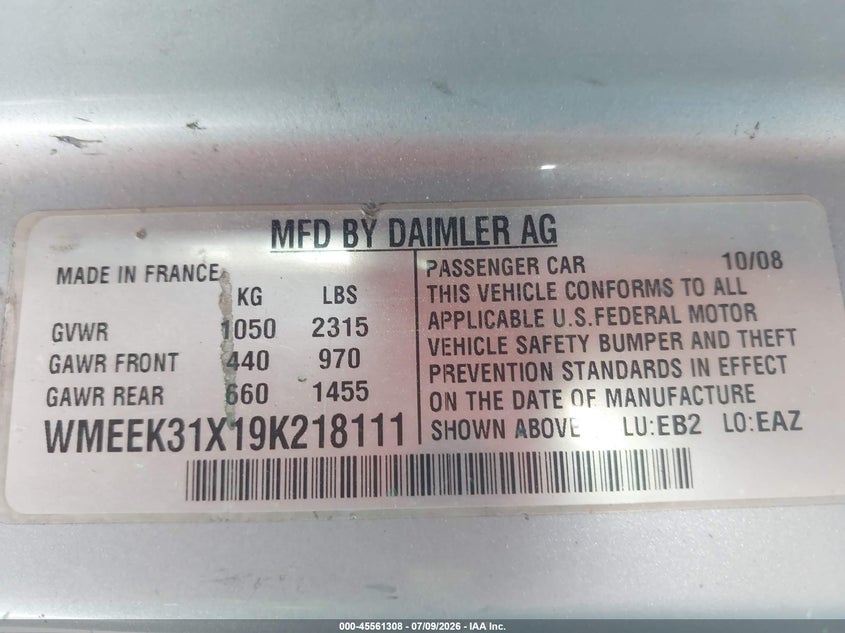 2009 Smart Fortwo VIN WMEEK31X19K218111 IAAI salvage auction — NORMAL WEAR, Clear (Florida), sold $400 on 2026-07-23 (photo 9)