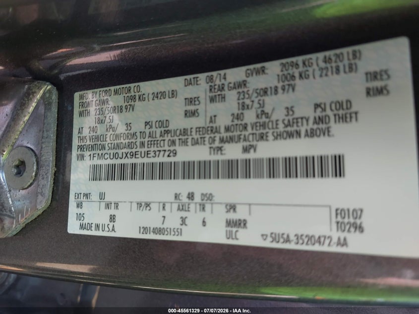 2014 Ford Escape VIN 1FMCU0JX9EUE37729 IAAI salvage auction — FRONT END, Clear (Michigan), sold $625 on 2026-08-24 (photo 9)