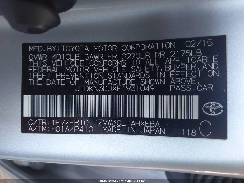 2015 Toyota Prius VIN JTDKN3DUXF1931049 IAAI salvage auction — NORMAL WEAR, Clear - Dealer Only (California), sold $1,550 on 2026-07-21 (photo 9)