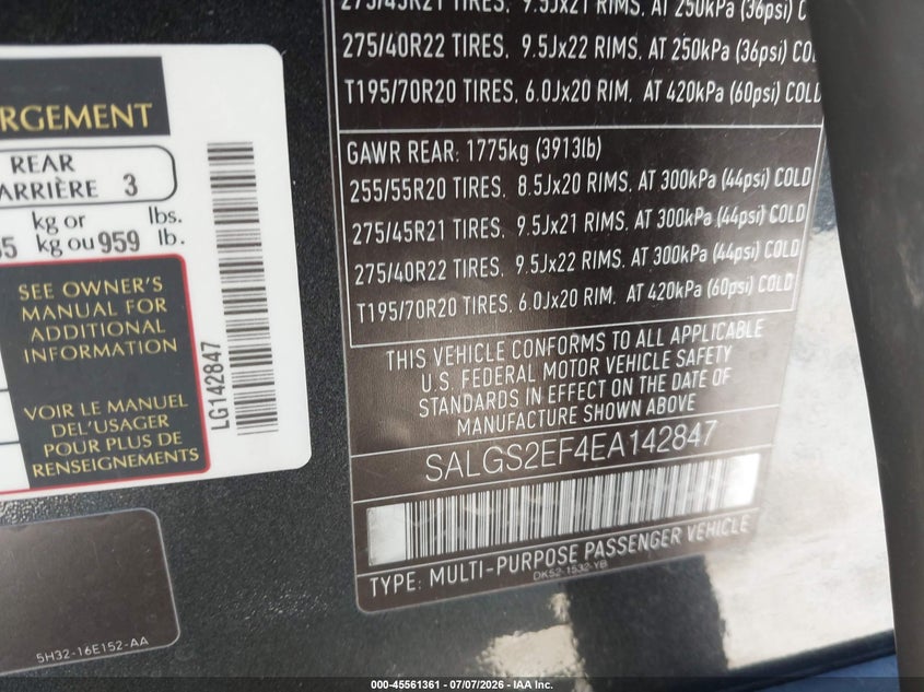 2014 Land rover RANGE ROVER VIN SALGS2EF4EA142847 IAAI salvage auction — NORMAL WEAR, Clear - Dealer Only (California), sold $3,300 on 2026-07-16 (photo 9)