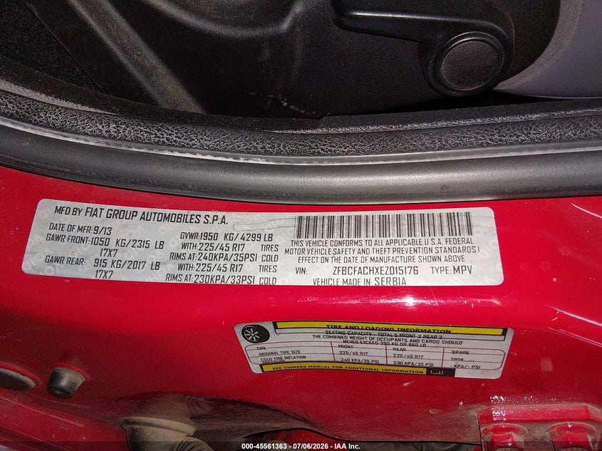 2014 Fiat 500l VIN ZFBCFACHXEZ015176 IAAI salvage auction — FRONT END, Salvage Title, sold $500 on 2026-08-11 (photo 9)