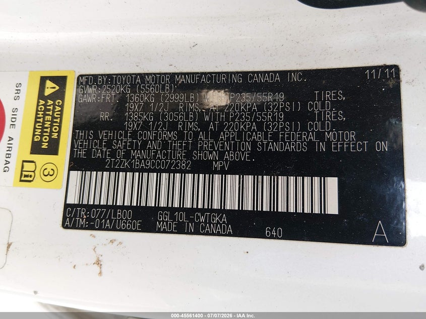 2012 Lexus Rx VIN 2T2ZK1BA9CC072382 IAAI salvage auction — ALL OVER, Salvage Title, sold $475 on 2026-07-31 (photo 9)