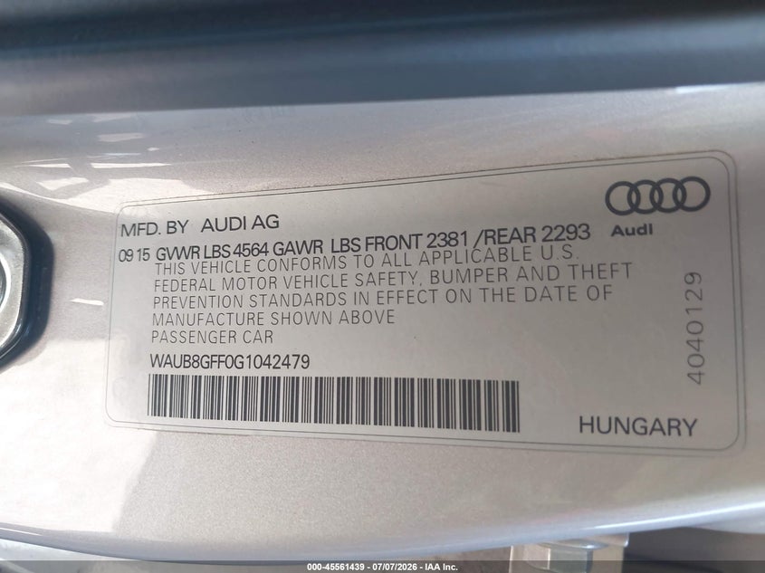 2016 Audi A3 VIN WAUB8GFF0G1042479 IAAI salvage auction — FRONT END, Salvage (California), sold $1,450 on 2026-07-22 (photo 9)