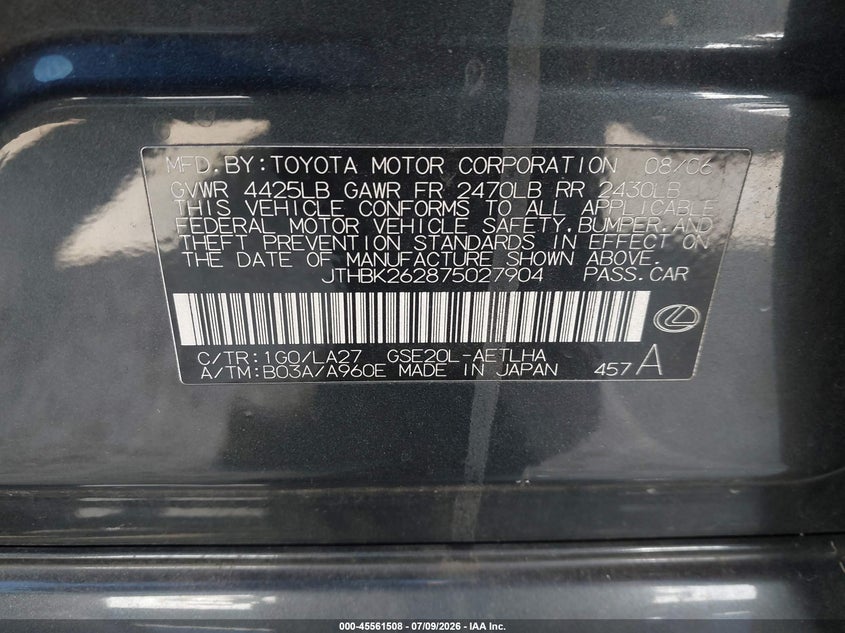 2007 Lexus Is 250 VIN JTHBK262875027904 IAAI salvage auction — FRONT END, Salvage (California), sold $475 on 2026-07-30 (photo 9)