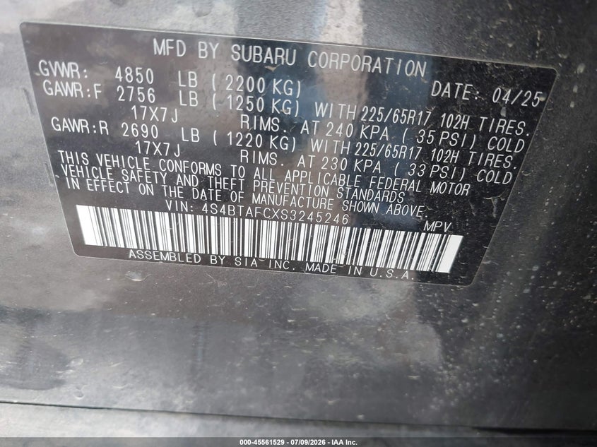2025 Subaru Outback VIN 4S4BTAFCXS3245246 IAAI salvage auction — LEFT SIDE, Wait Title, sold $7,375 on 2026-10-07 (photo 9)