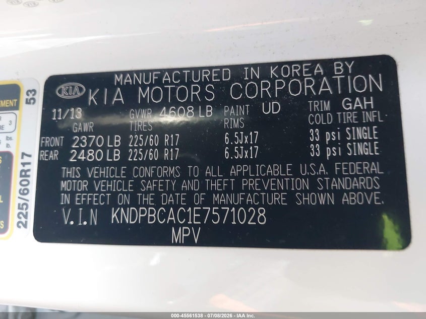 2014 Kia Sportage VIN KNDPBCAC1E7571028 IAAI salvage auction — LEFT REAR, Salvage (Arizona), sold $2,000 on 2026-07-28 (photo 9)