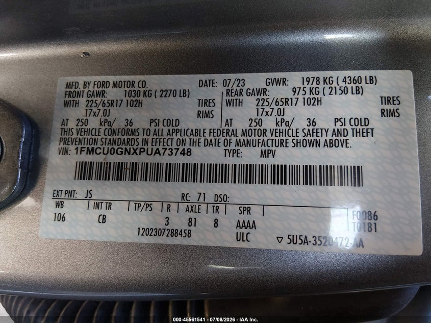 2023 Ford Escape VIN 1FMCU0GNXPUA73748 IAAI salvage auction — FRONT END, Salvage Title, sold $2,150 on 2026-08-24 (photo 9)