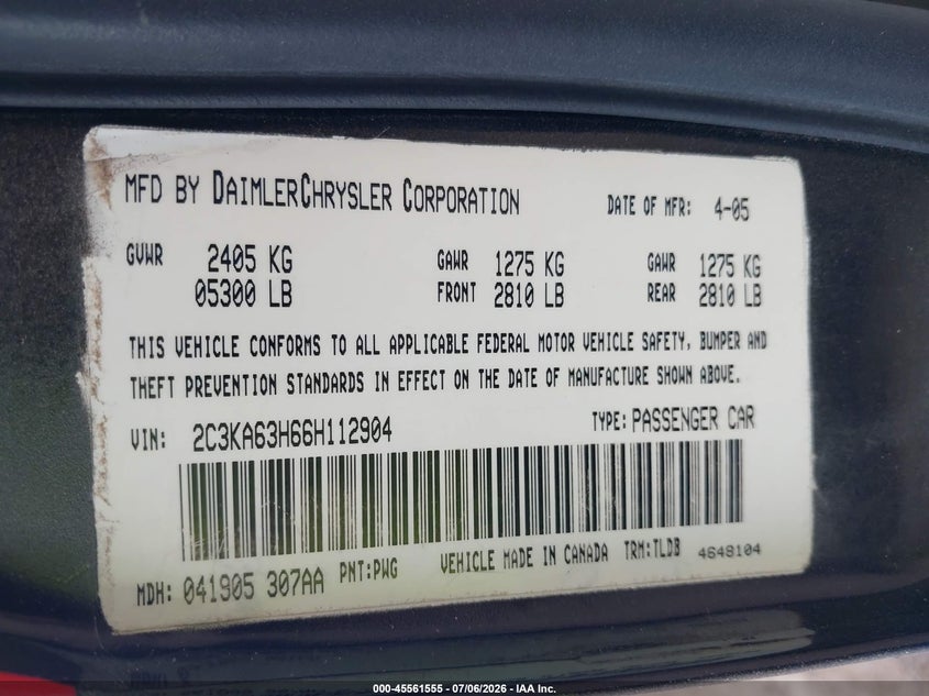 2006 Chrysler 300 VIN 2C3KA63H66H112904 IAAI salvage auction — MECHANICAL, Salvage (Texas), sold $475 on 2026-09-05 (photo 9)