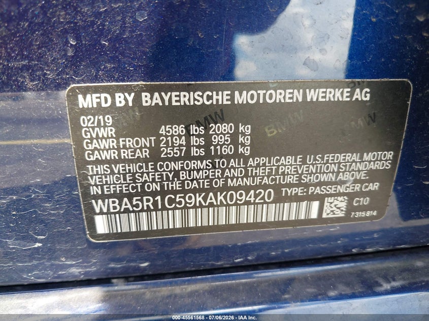 2019 BMW 3er VIN WBA5R1C59KAK09420 IAAI salvage auction — LEFT FRONT, Salvage Title, sold $2,950 on 2026-08-20 (photo 9)