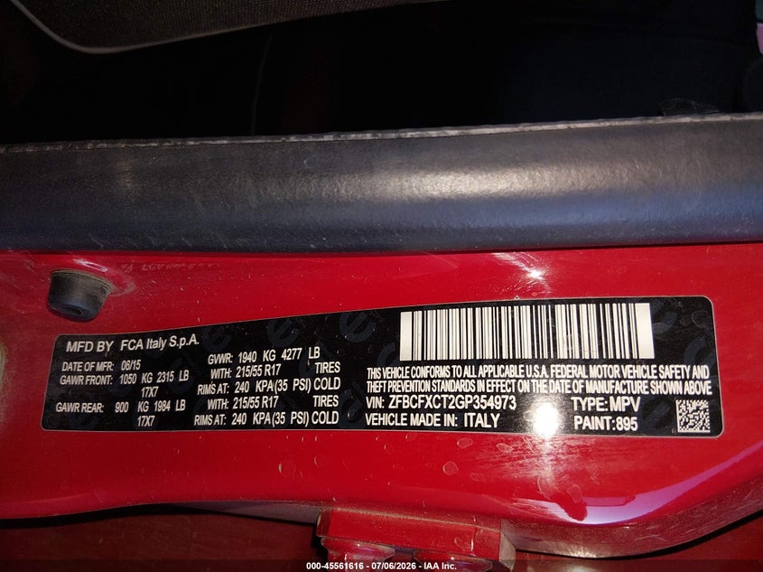 2016 Fiat 500x VIN ZFBCFXCT2GP354973 IAAI salvage auction — REAR END, Salvage Title, sold $200 on 2026-08-04 (photo 9)
