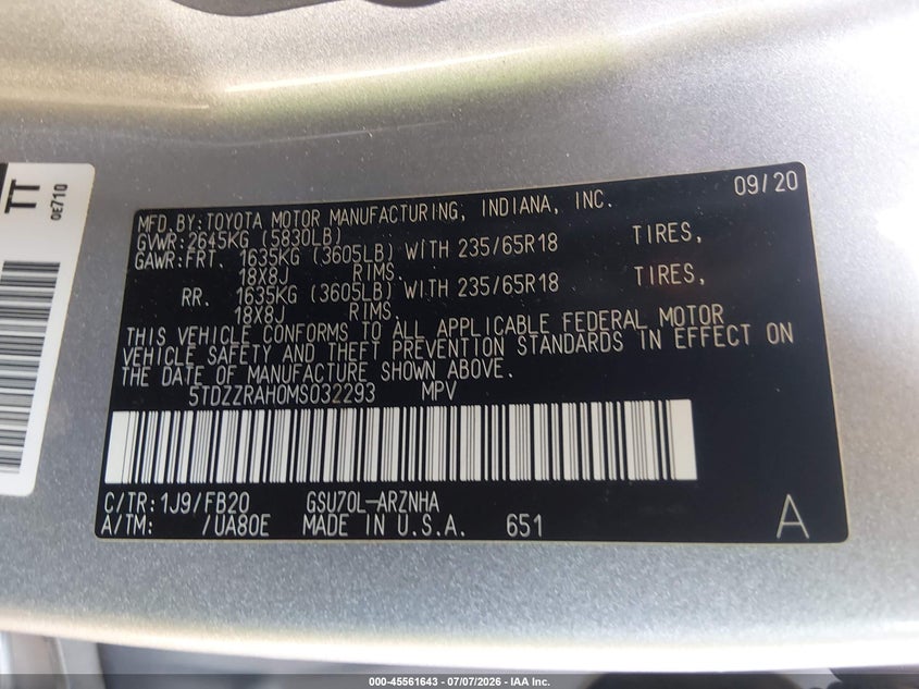 2021 Toyota Highlander VIN 5TDZZRAH0MS032293 IAAI salvage auction — RIGHT SIDE, Salvage (Arizona), sold $7,700 on 2026-07-28 (photo 9)