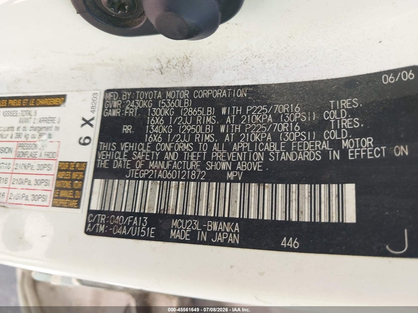 2006 Toyota Highlander VIN JTEGP21A060121872 IAAI salvage auction — NORMAL WEAR, Original (Texas), sold $775 on 2026-07-29 (photo 9)