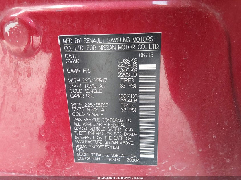 2015 Nissan Rogue sport VIN KNMAT2MT9FP574138 IAAI salvage auction — NORMAL WEAR, Original (Texas), sold $25 on 2026-07-29 (photo 9)