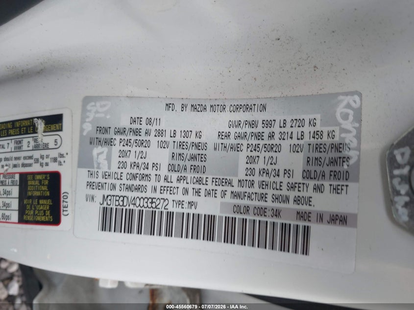 2012 Mazda Cx-9 VIN JM3TB3DV4C0335272 IAAI salvage auction — NORMAL WEAR, Clear (New Jersey), sold $450 on 2026-07-21 (photo 9)