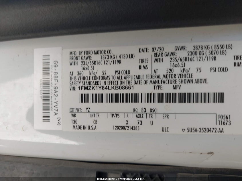 2020 Ford Transit 150 VIN 1FMZK1Y84LKB08661 IAAI salvage auction — REAR END, SF97 (California), sold $14,225 on 2026-08-25 (photo 9)