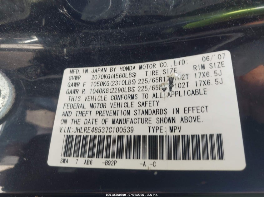 2007 Honda Cr-v VIN JHLRE48537C100539 IAAI salvage auction — NORMAL WEAR, Clear (Michigan), sold $775 on 2026-07-28 (photo 9)