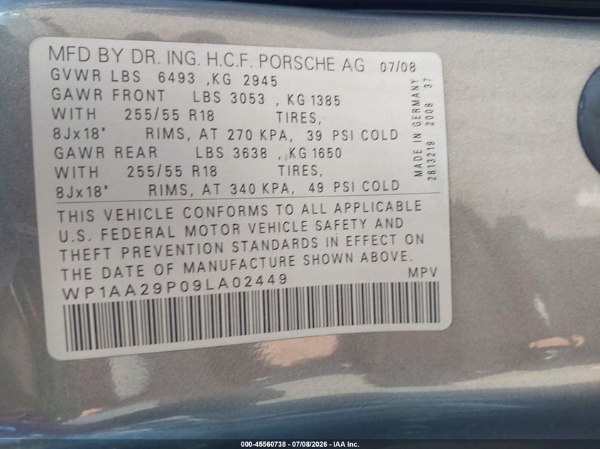 2009 Porsche Cayenne VIN WP1AA29P09LA02449 IAAI salvage auction — LEFT FRONT, Mv-907A (New York), sold $375 on 2026-07-28 (photo 9)