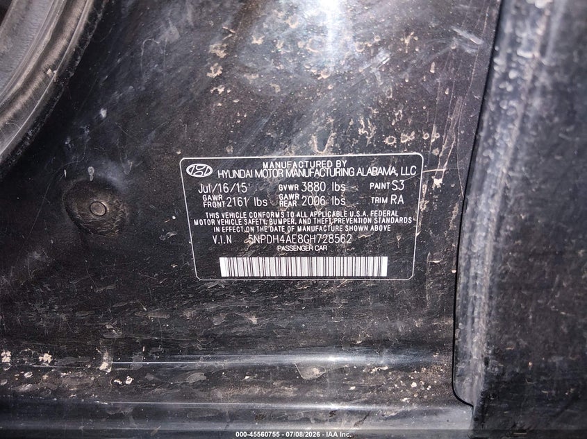 2016 Hyundai Elantra VIN 5NPDH4AE8GH728562 IAAI salvage auction — FRONT END, Salvage (Arizona), sold $1,675 on 2026-09-10 (photo 9)