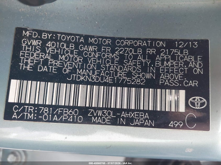 2014 Toyota Prius VIN JTDKN3DU4E1775282 IAAI salvage auction — FRONT & REAR, Mv-907A (New York), sold $375 on 2026-07-28 (photo 9)